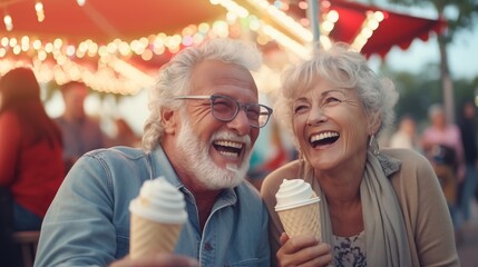 Beautiful sweet happy retired gray haired senior couple laughing, smiling, and eating ice cream in amusement park during festival.