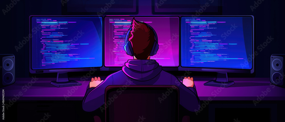 Aufkleber a man is sitting in front of three computer monitors