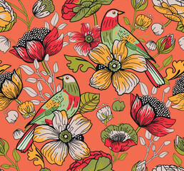 Fototapeta premium Seamless pattern for textile or wallpaper with flowers, leaves and birds. Full color print. 