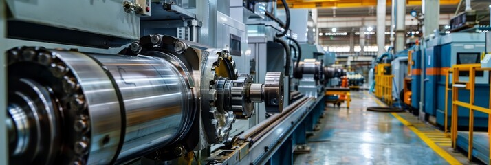 A photograph capturing the intricate workings of large industrial machinery within a bustling factory. The image showcases the complexity of modern manufacturing processes