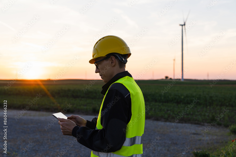 Poster engineer with digital tablet works on a field of wind turbines