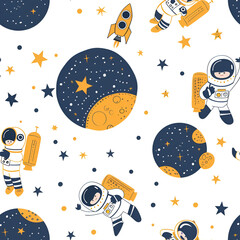 Cute Seamless Pattern with Moon and Astronauts