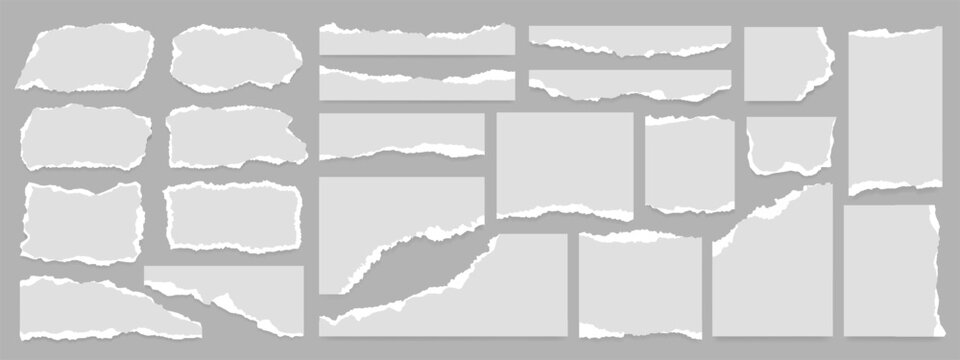 White realistic torn or ripped paper strip collection with grunge edges. Torn notebook page or scrap note with damaged border. Sticky newspaper clip art with paint brush stroke texture. Ripped banner.