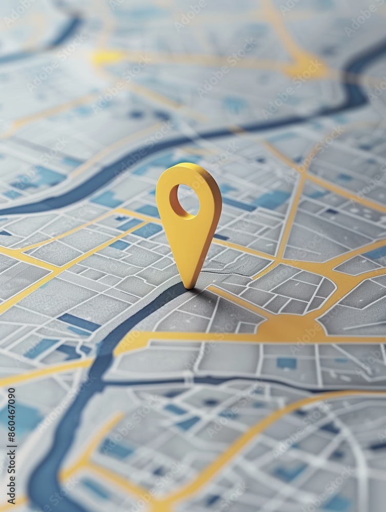 Poster a clean and minimalist image of a golden location pin on a detailed city map. this image is perfect 