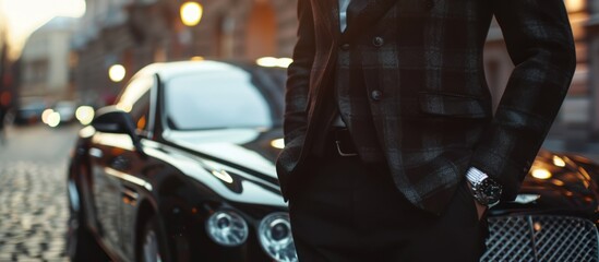 A man in a suit stands next to a black car