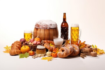 Groceries including vegetables, beer, bakery isolated on white background