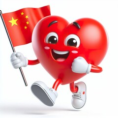 Obraz premium 3D image of a heart cartoon character holding a China flag, happy overjoyed