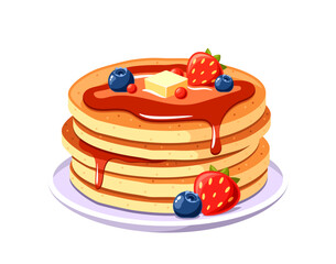 Stack Of Golden Pancakes Topped With Fresh Blueberries, Strawberries, And A Pat Of Butter, Drizzled With Syrup