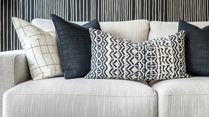 A stylish modern sofa adorned with several decorative pillows of various patterns and textures, set against a black and white striped wallpaper background.