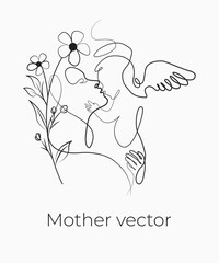 Handdrawn line art style mom and baby illustration art.