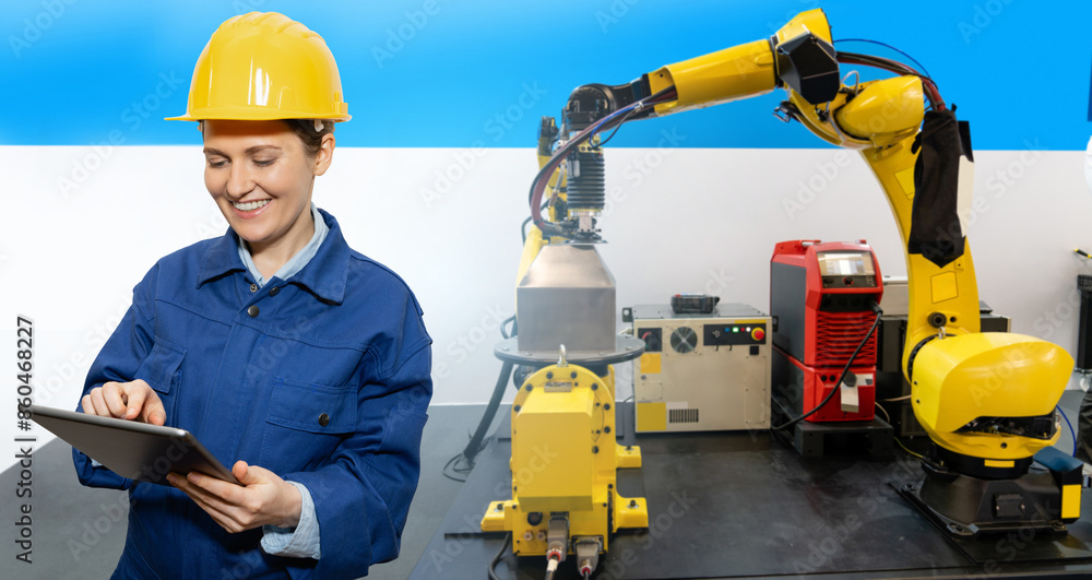 Leinwandbilder engineer uses a digital tablet to control robots in a smart factory. smart industry 4.0 concept