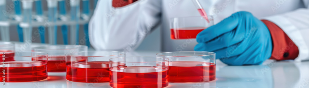 Poster a scientist is working with red liquid in a lab
