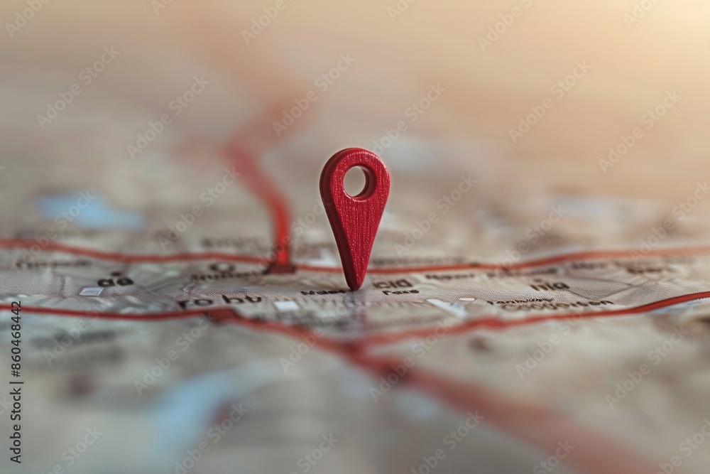 Poster A red location pin is placed on a detailed city map. The pin is in focus and the map is blurred in the background, creating a minimalist and clean look. Generative AI