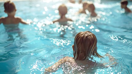 Children swim in the outdoor pool on a sunny summer day