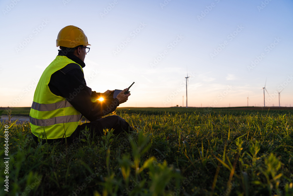 Aufkleber Worker with digital tablet sits on the grass and looks at wind turbines.