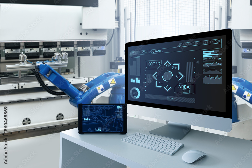 Aufkleber Computer and digital tablet for control of robots in a smart factory. Smart industry 4.0 concept.