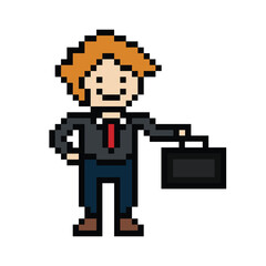 Cute pixel cartoon 8bit character business man businessman smart game vector for decoration business 8 bit male career smart character game vector.