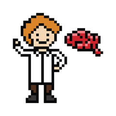 Cute pixel cartoon 8bit character man doctor or scientist game care vector for decoration pharmacist male doctor in hospital 8 bit male pixel art vector.