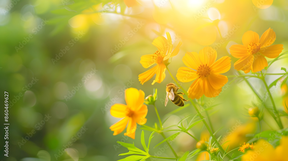 Poster view of honey bee and yellow cosmos flower on blurred green leaf background under sunlight with copy