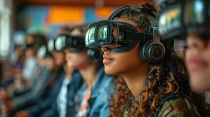 Virtual classroom setup with students engaging in interactive learning via augmented reality headsets.