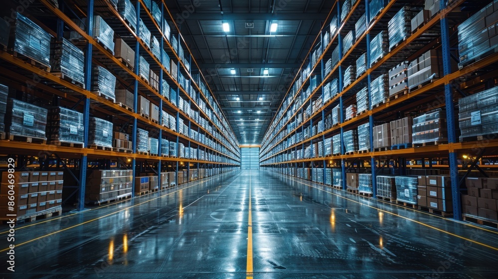 Poster automated warehouse with robotics and iot devices streamlining supply chain logistics.