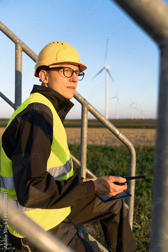 Aufkleber engineer with digital tablet works on a field of wind turbines