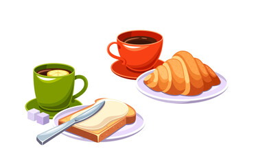Healthy Breakfast Including A Cup Of Coffee, A Cup Of Tea, A Croissant, And A Slice Of Bread With A Knife, Vector Image