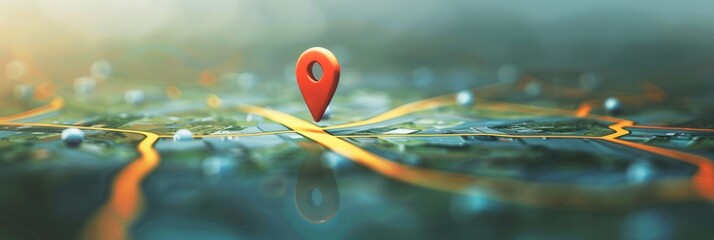 A red location pin stands out on a modern map with a blurred background, perfect for navigation apps and travel services. Generative AI