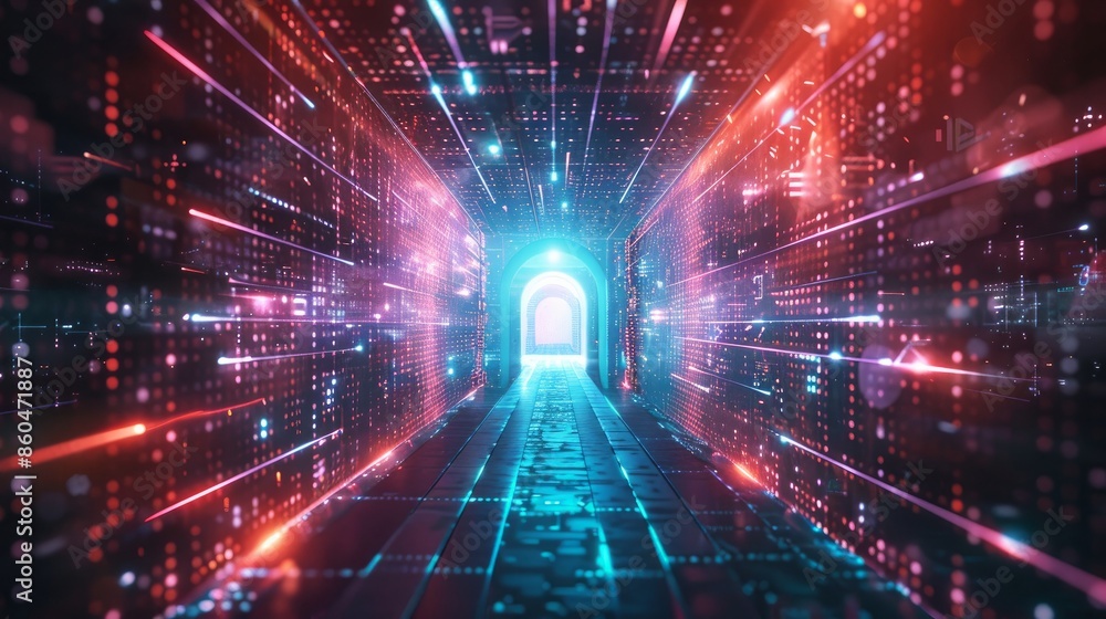 Poster abstract depiction of a door in a tunnel with digital data center light signals represents a future 
