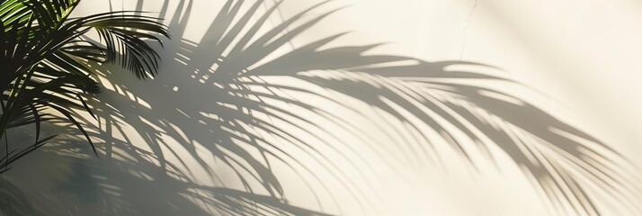 Obraz premium A shadow from palm leaves on a light wall, highlights a minimalistic design, with copy space