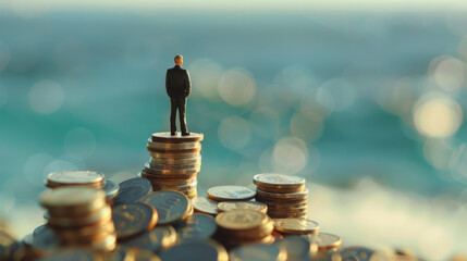 A miniature businessman stands on top of piles of coins in the blurred ocean background. wealth, financial growth, investment