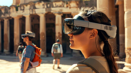 Tourists using augmented reality headsets explore ancient ruins. headsets enhance their experience by overlaying historical information and visualizations.