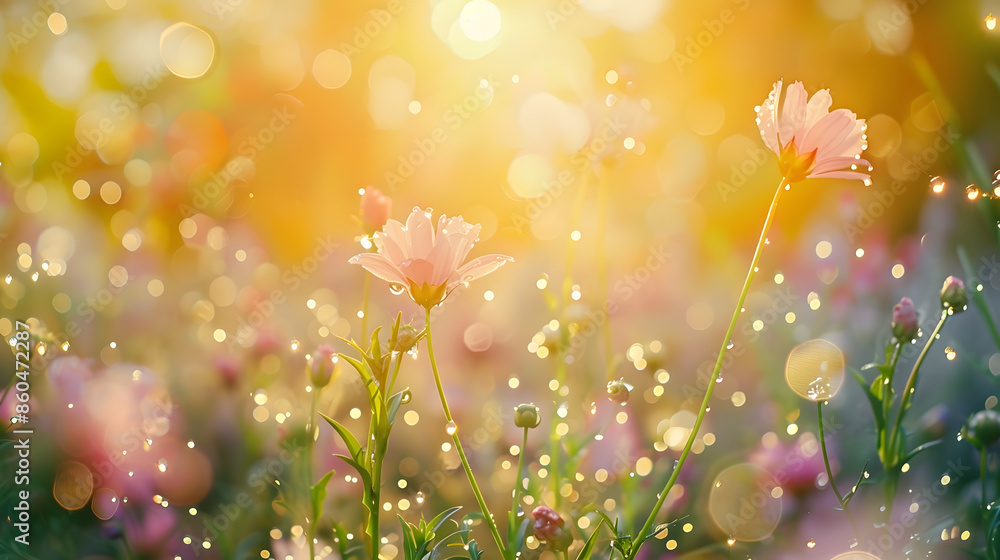 Poster morning summer or spring beautiful wildflowers with dew drops at dawn light blur selective focus sha