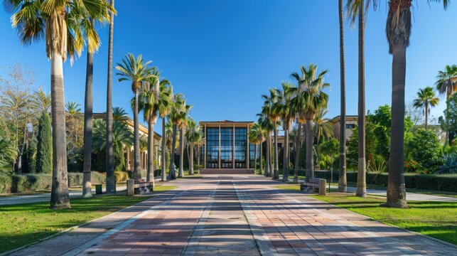 A large building with palm trees in front of it