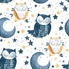 Cute Seamless Pattern with Owl, Moon, and Stars