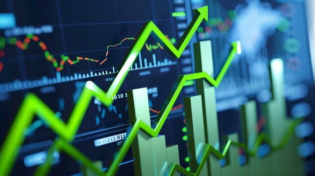 Green up arrow on a stock market chart showing positive growth and investment success.