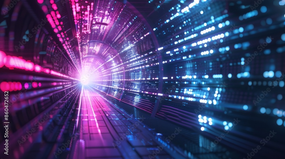 Poster abstract depiction of a door in a tunnel with digital data center light signals represents a future 