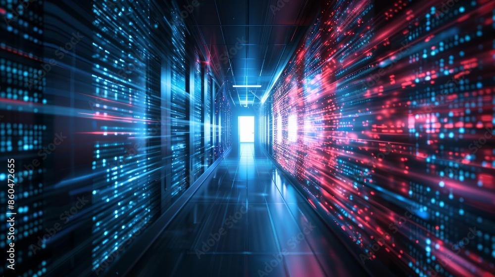 Poster abstract depiction of a door in a tunnel with digital data center light signals represents a future 