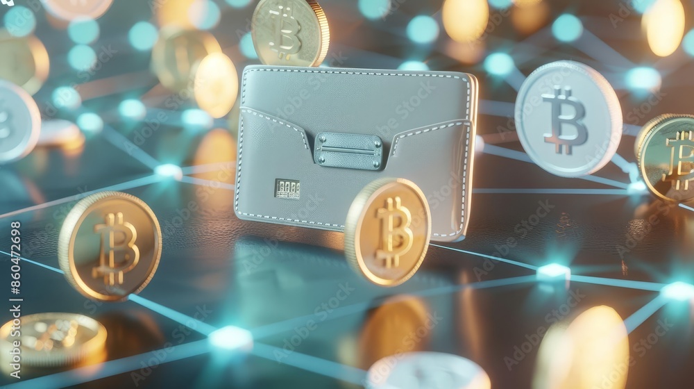 Poster bitcoin wallet with coins on a network background.