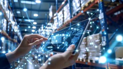Person uses tablet displaying augmented reality for efficient warehouse management, technological advancements and connectivity in logistics.