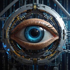 3D rendering of a cyber eye with technology elements in the background