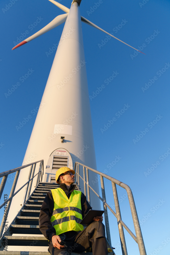 Aufkleber engineer with digital tablet next to wind turbine