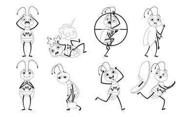 Set Of Black And White Cartoon Cockroach Characters In Various Action Poses. Includes Expressions Of Fear, Anger
