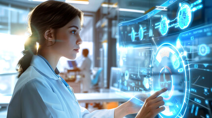 Female scientist interacts with futuristic digital interface displaying complex medical graphs and diagnostics in hightech laboratory setting.