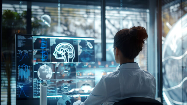 Scientist analyzes neural activity data in hightech laboratory using multiple digital displays. environment features cuttingedge technology and detailed brain imagery.