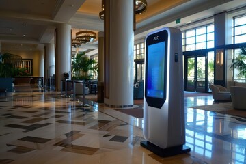 A sleek, automated hotel checkin kiosk with a holographic interface
