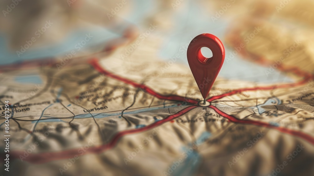 Poster a close-up image of a red location pin placed on a detailed map with roads. the image has a minimali