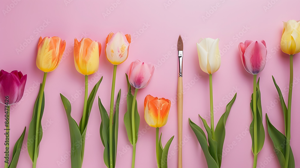 Poster creative spring concept made with paint brush and colorful tulip flowers on pastel pink background m