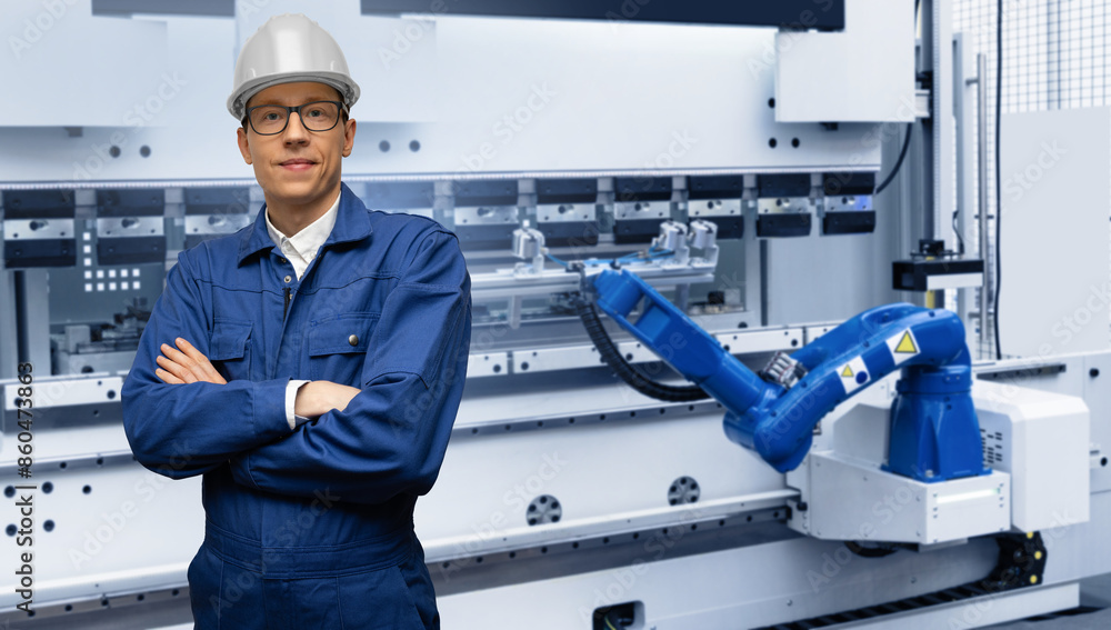 Poster Engineer with robots in a smart factory. Smart industry 4.0 concept