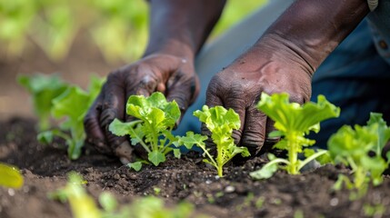 Closeup an African man is planting lettuce in a field